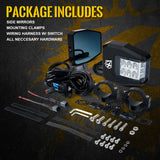 Xprite UTV Roll Bar Cage Side Mirrors with Clear Lens LED Spot Lights and Anti-Glare Mirrors